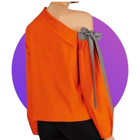 Anthropologie Harshman Orange Liana Cotton One Shoulder Top Blouse L XL 14 NWT - Picture 7 of 12